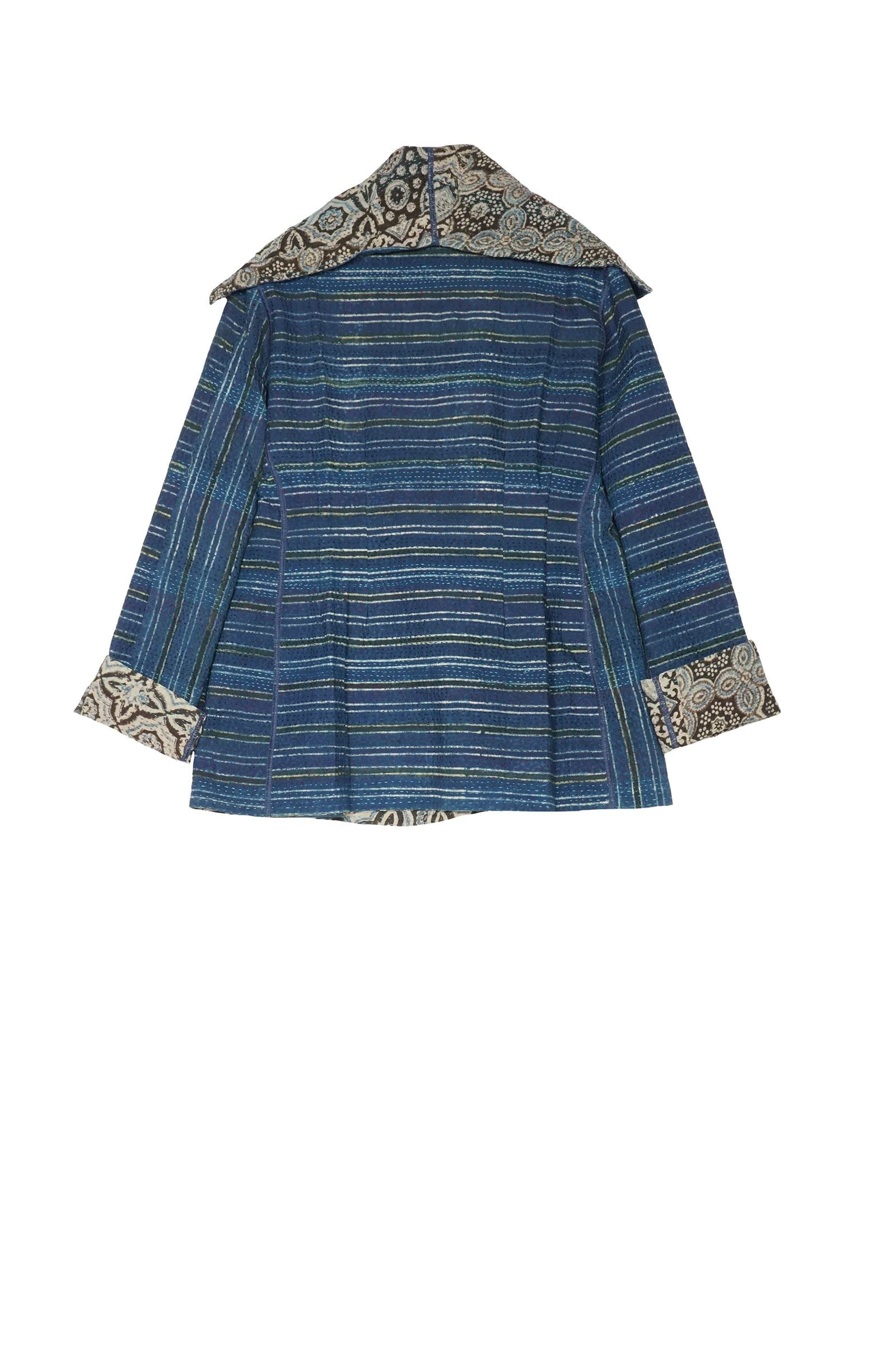 AJRAKH PRINT KANTHA FITTED JACKET - aj2001-blu -