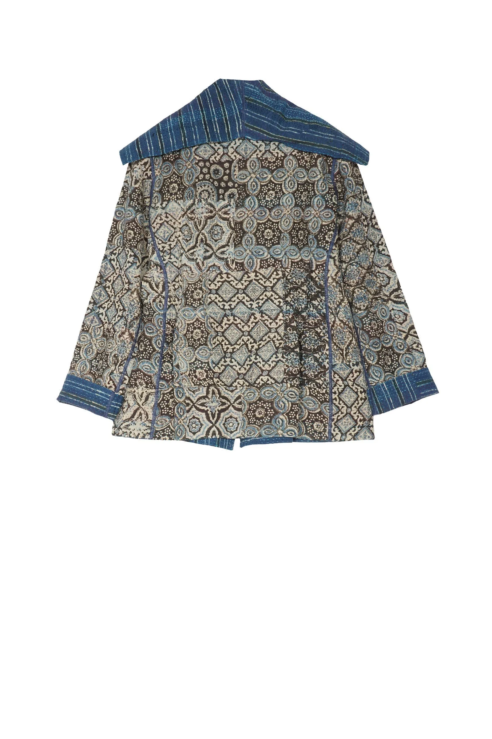 AJRAKH PRINT KANTHA FITTED JACKET - aj2001-blu -