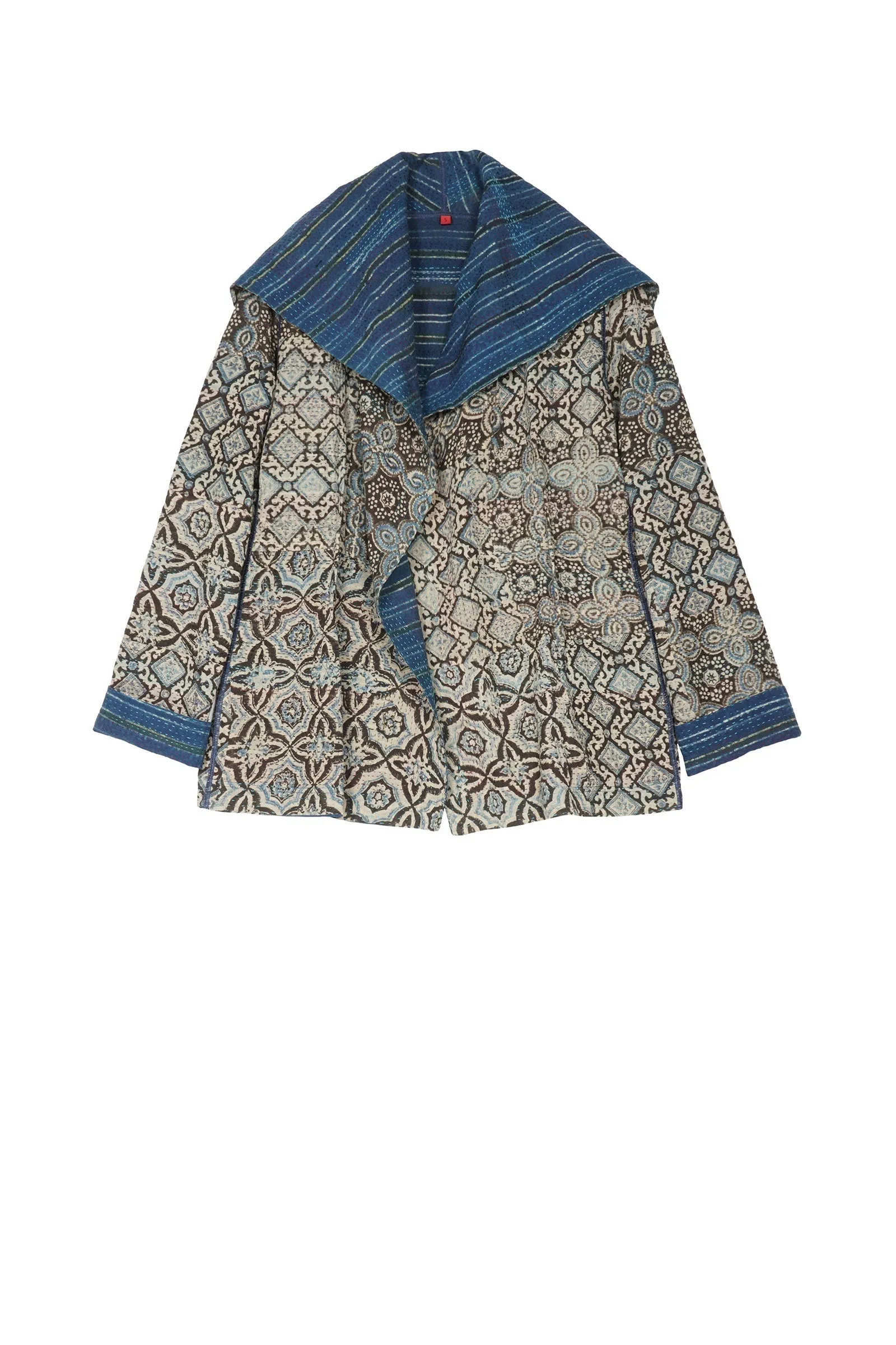 AJRAKH PRINT KANTHA FITTED JACKET - aj2001-blu -