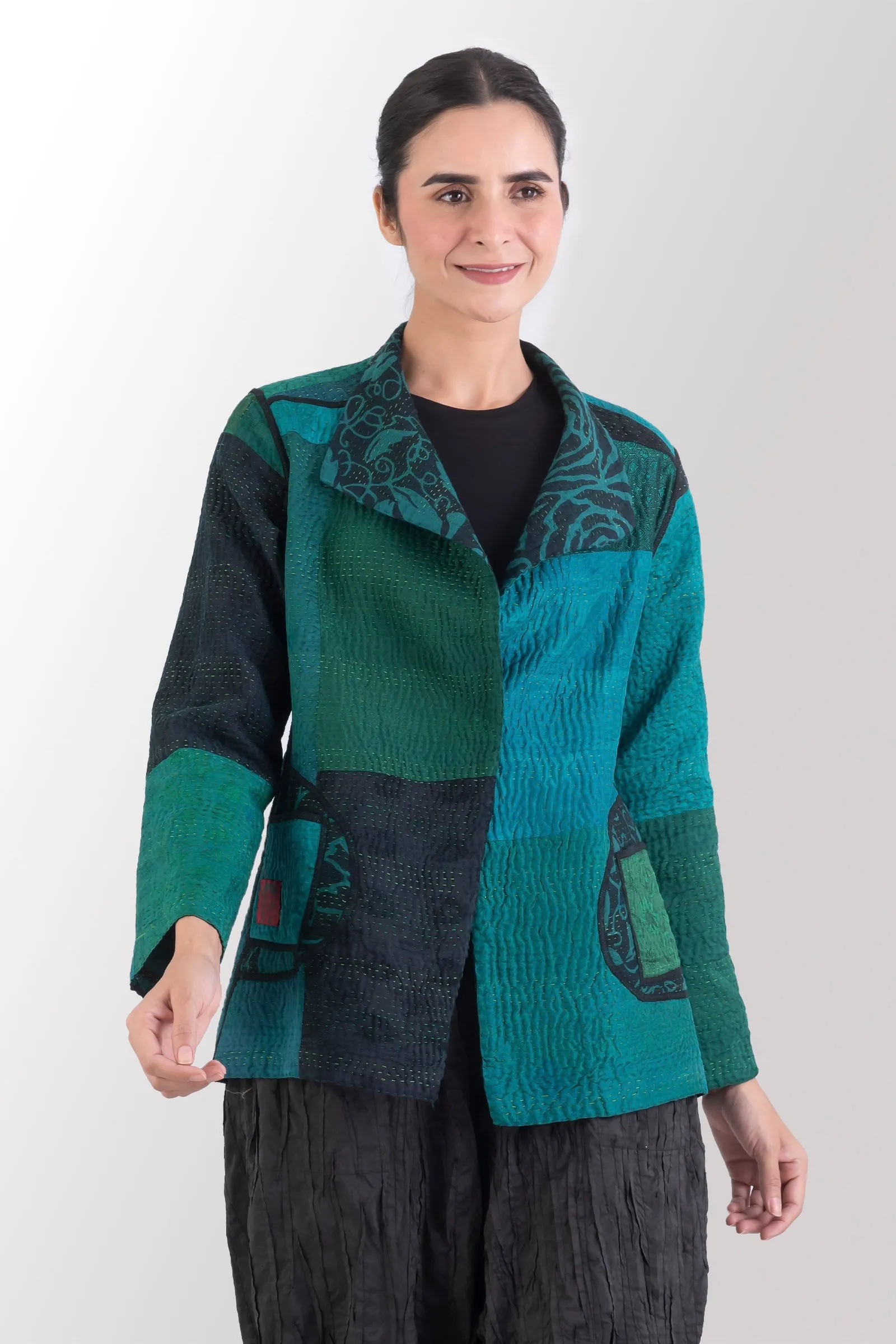 EMERALD GREEN KANTHA SHORT JACKET - eg4007-tel -