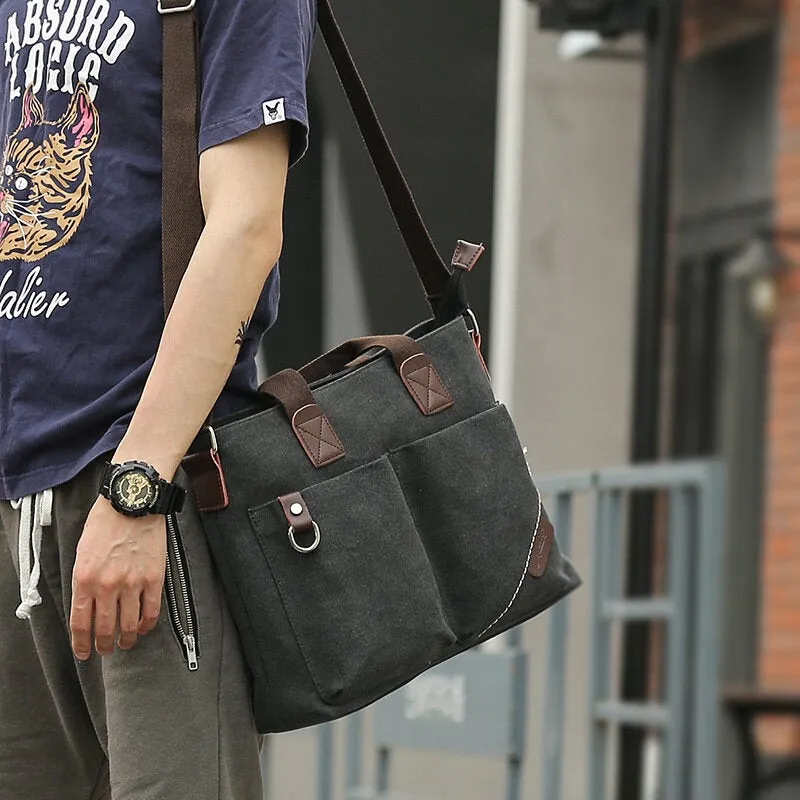 Men Canvas Multi-pocket Wear-resistant Crossbody Bags Retro Casual Large Capacity Zipper Shoulder Bag Handbag