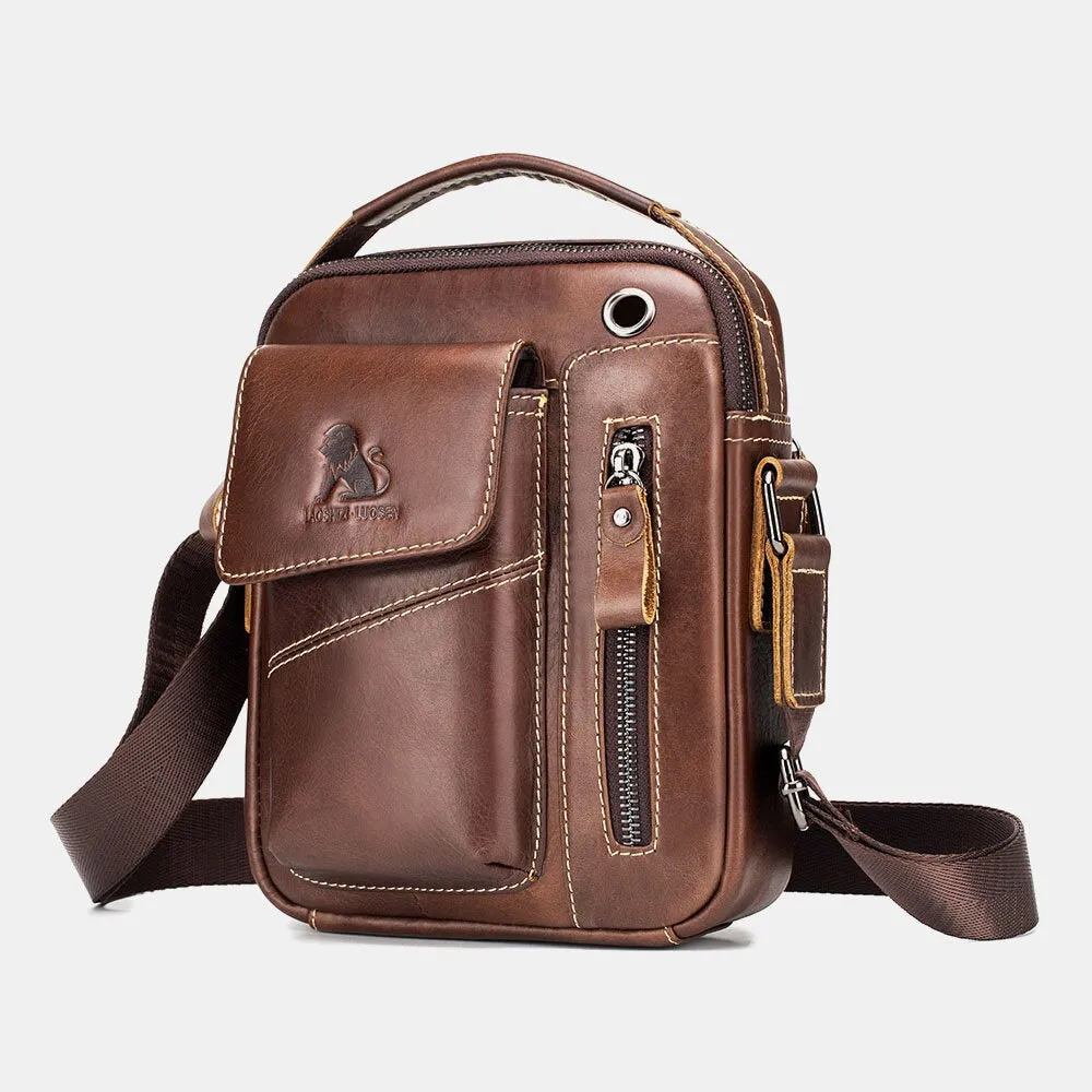 Men Genuine Leather Wear-resistant Headphone Hole Multi-pocket Vintage Crossbody Bag Shoulder