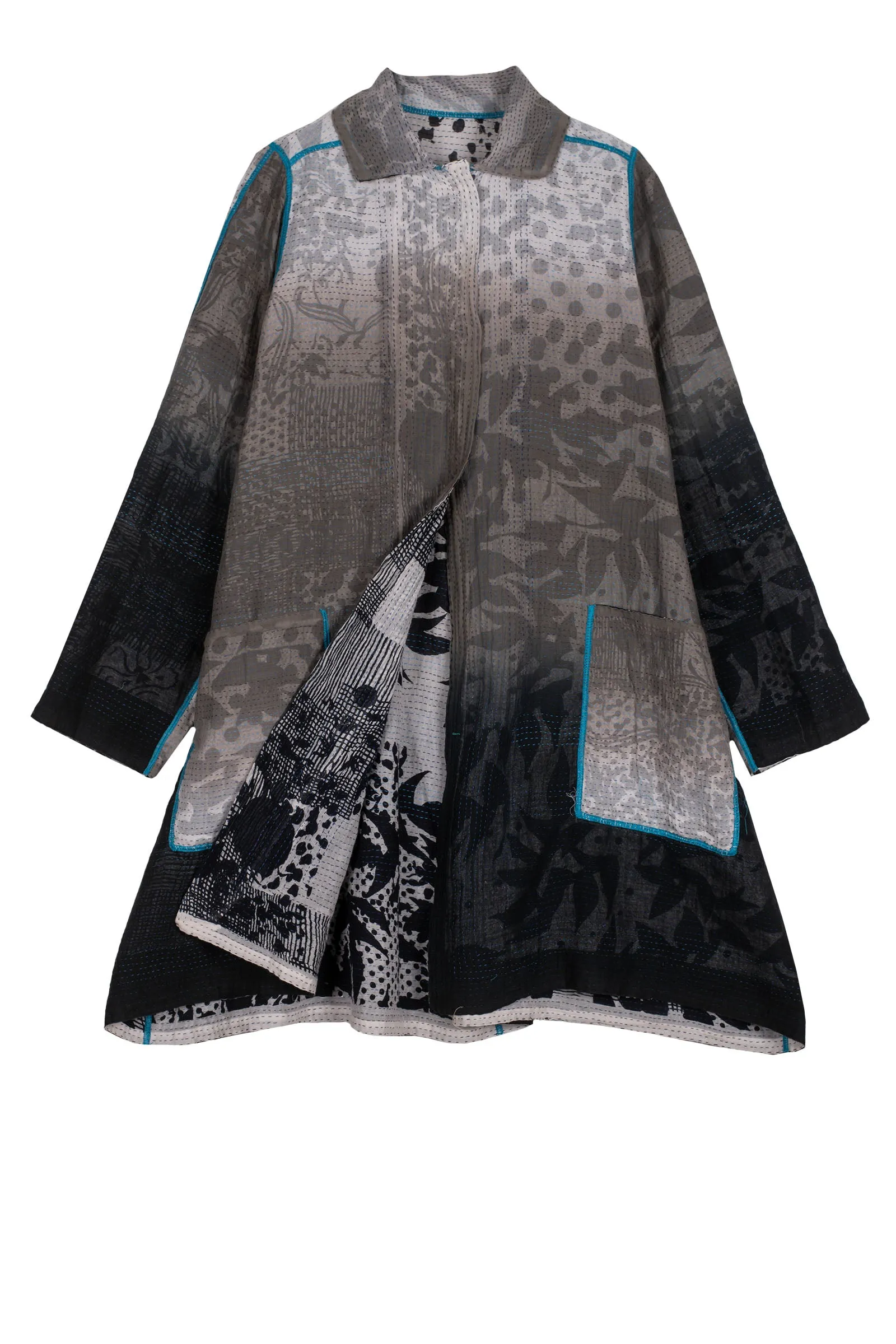 MONOTONE TWILIGHT PRINT KANTHA A-LINE DUSTER