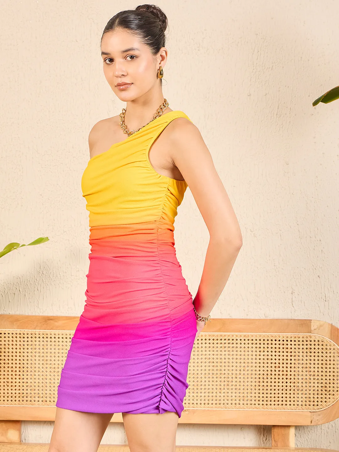 One Shoulder Ruched Ombre Stretchable Dress