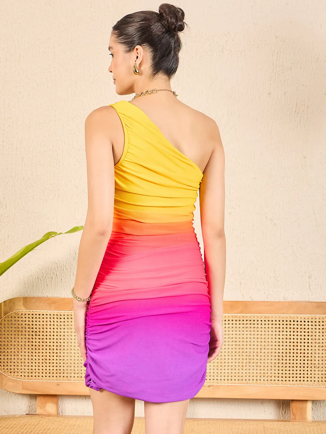 One Shoulder Ruched Ombre Stretchable Dress