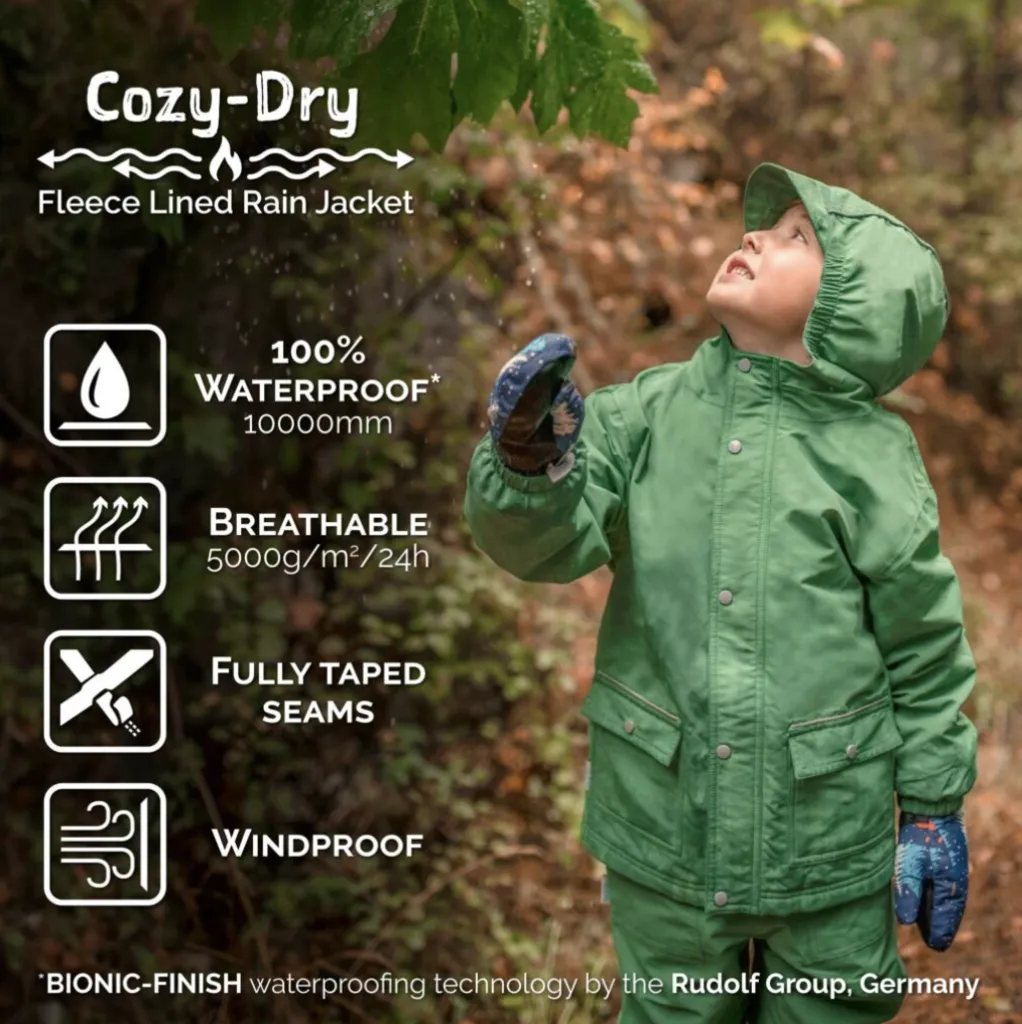 Size 2: Jan & Jul MINTY FOREST Cozy Dry Waterproof Fleece Lined Zip Up Raincoat NEW