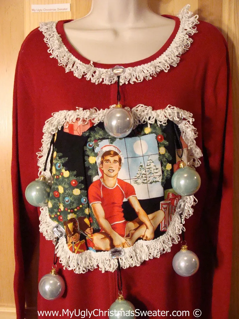 Ugly Christmas Sweater Party Tacky Dress Hottie Guy & Real Ornaments (d93)