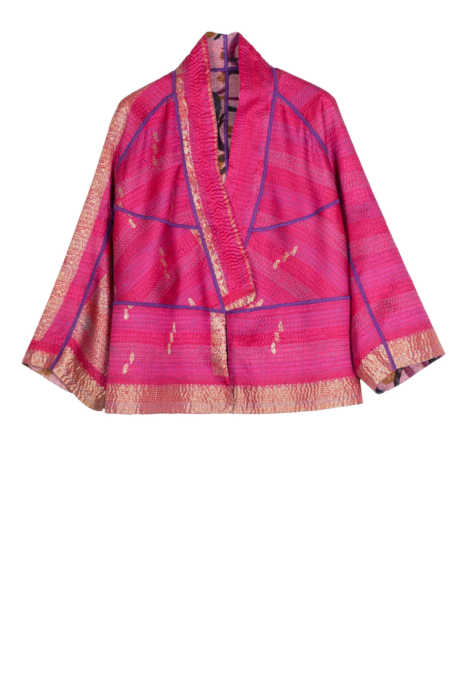 VINTAGE SILK GEORGETTE KANTHA DOLMAN SHORT JACKET - sg2015-0002m -