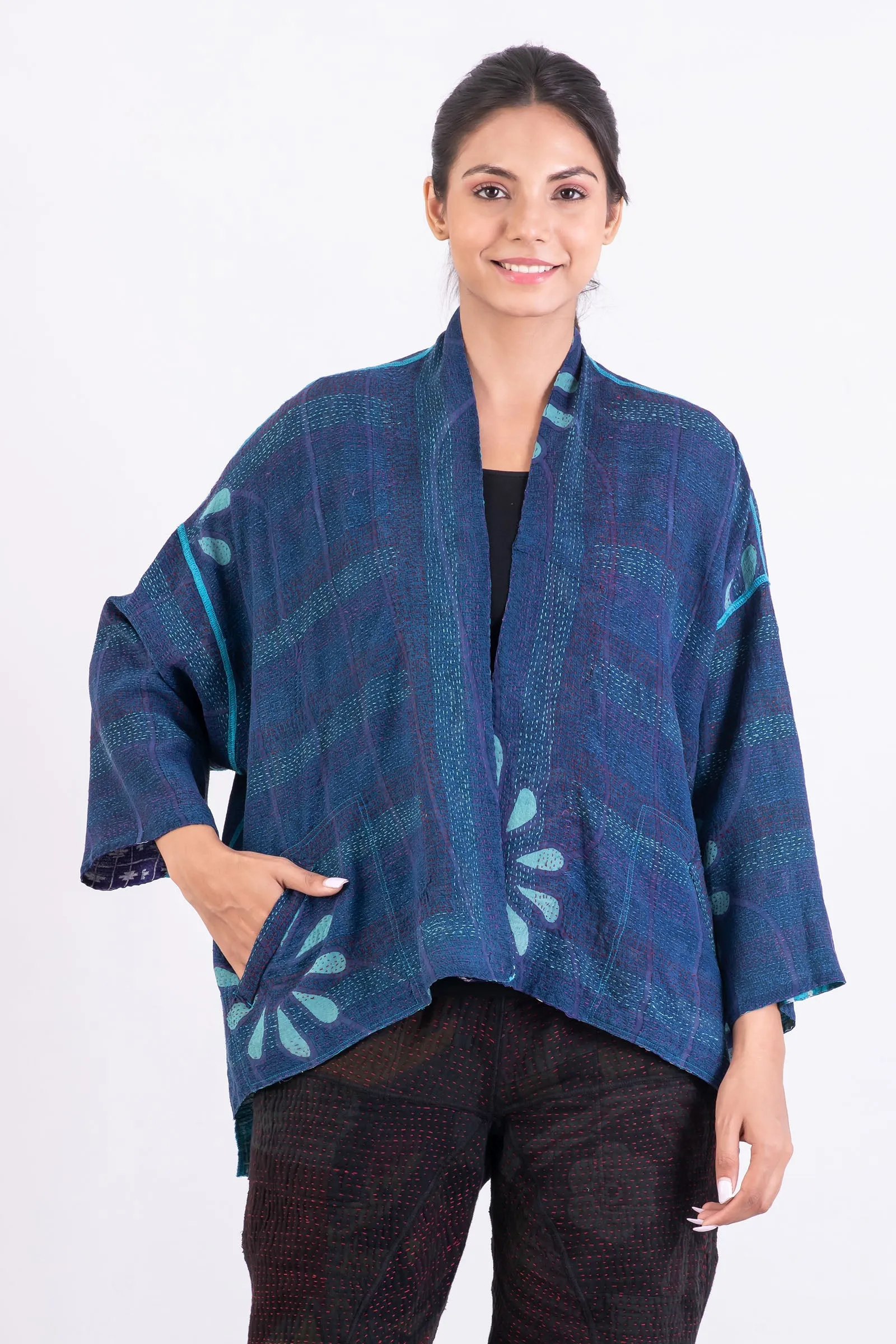 VINTAGE SILK GEORGETTE KANTHA MINI KIMONO JACKET