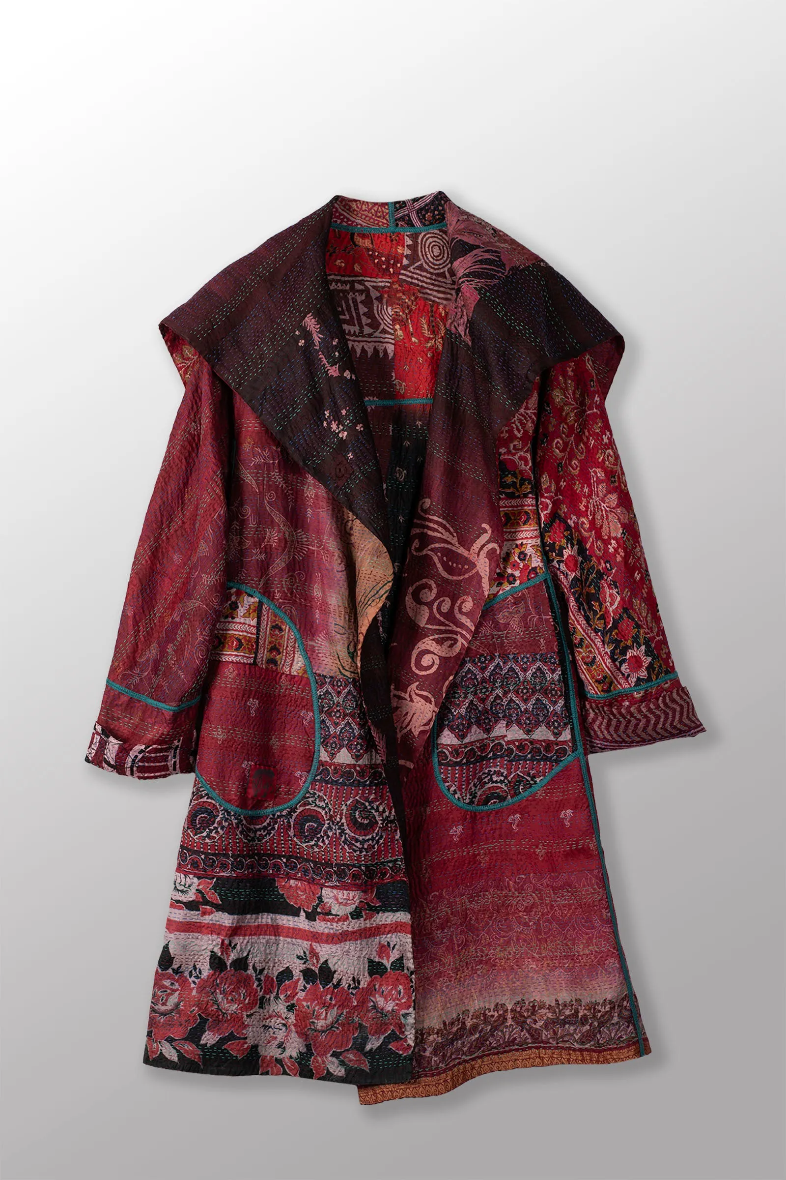 VINTAGE SILK KANTHA A-LINE COAT - sv2309-0014a -